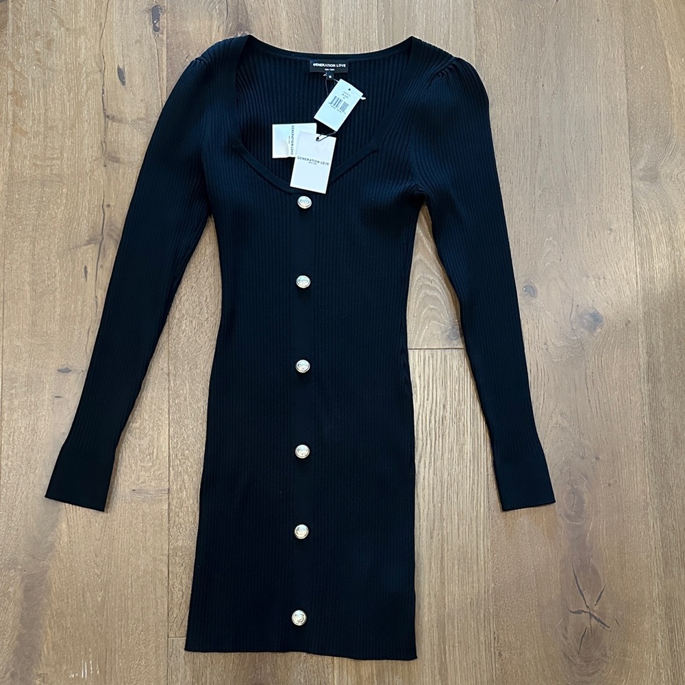 Generation Love Black Long Sleeve Dress with Pearl Buttons